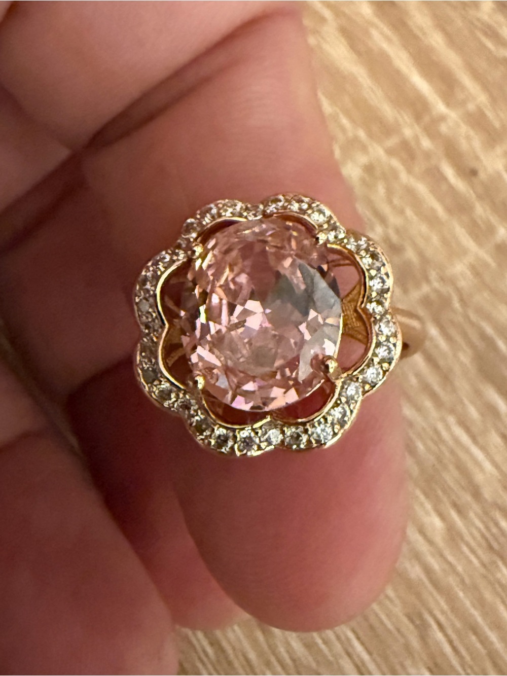 Gold-Plated Ring with Pink Center Stone and Crystal Halo